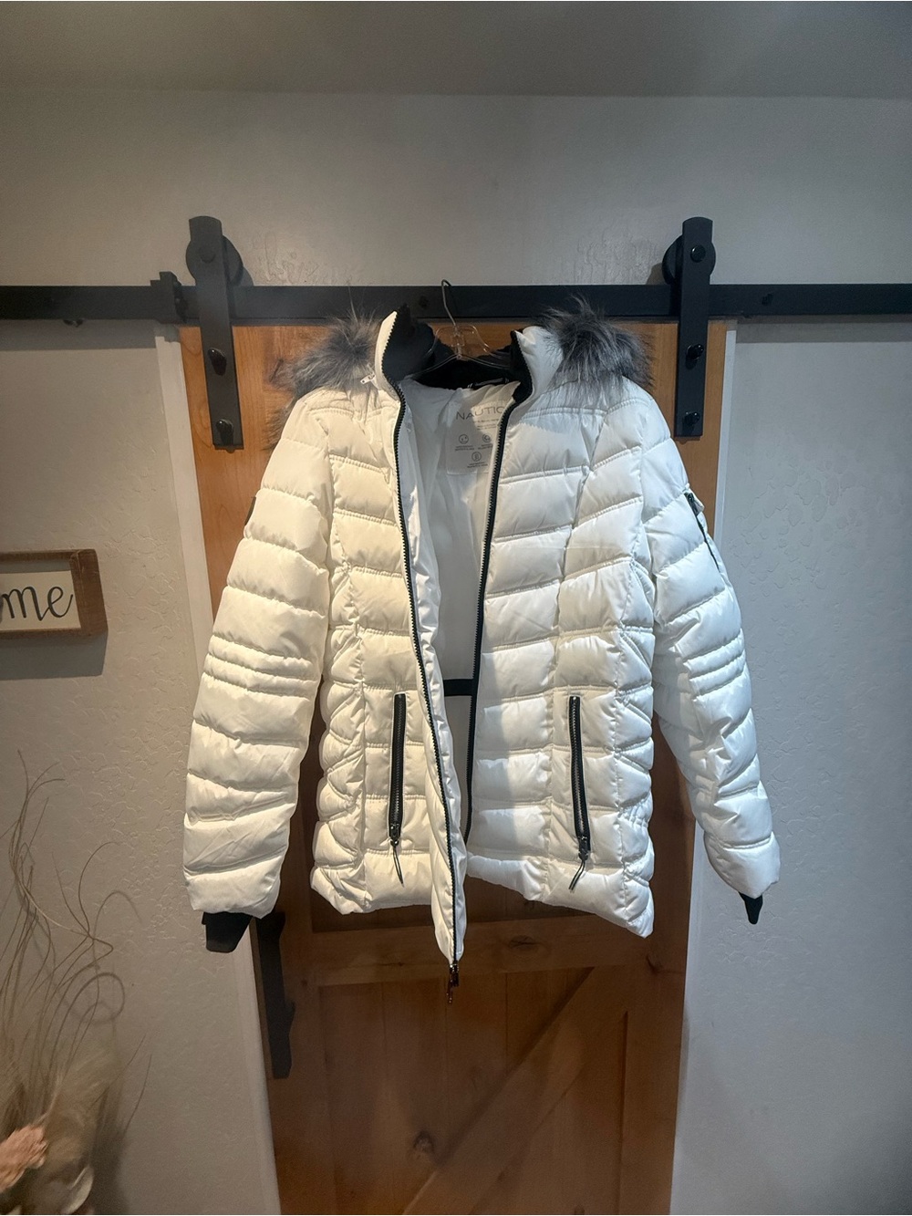 Nautica White Quilted Jacket with Faux Fur Hood Trim